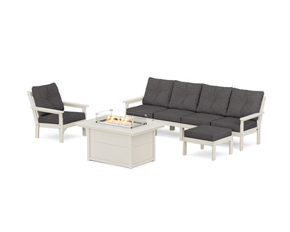 POLYWOOD® Vineyard Sectional Lounge and Fire Pit Set in Sand / Ash Charcoal