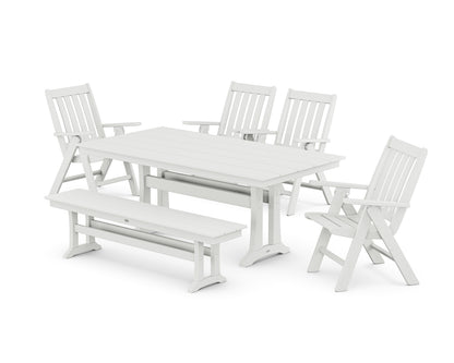 POLYWOOD® Vineyard 6-Piece Folding Chair Farmhouse Dining Set with Trestle Legs and Bench in White