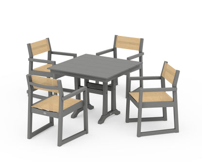 POLYWOOD® EDGE Sling 5-Piece Farmhouse Dining Set with Trestle Legs in Slate Grey / Dupioni Apricot Sling