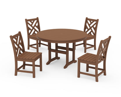 POLYWOOD® Chippendale 5-Piece Round Farmhouse Side Chair Dining Set in Teak