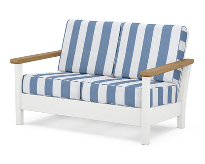 POLYWOOD® Harbour Deep Seating Loveseat in White / Natural / Cabana Stripe Sky Blue