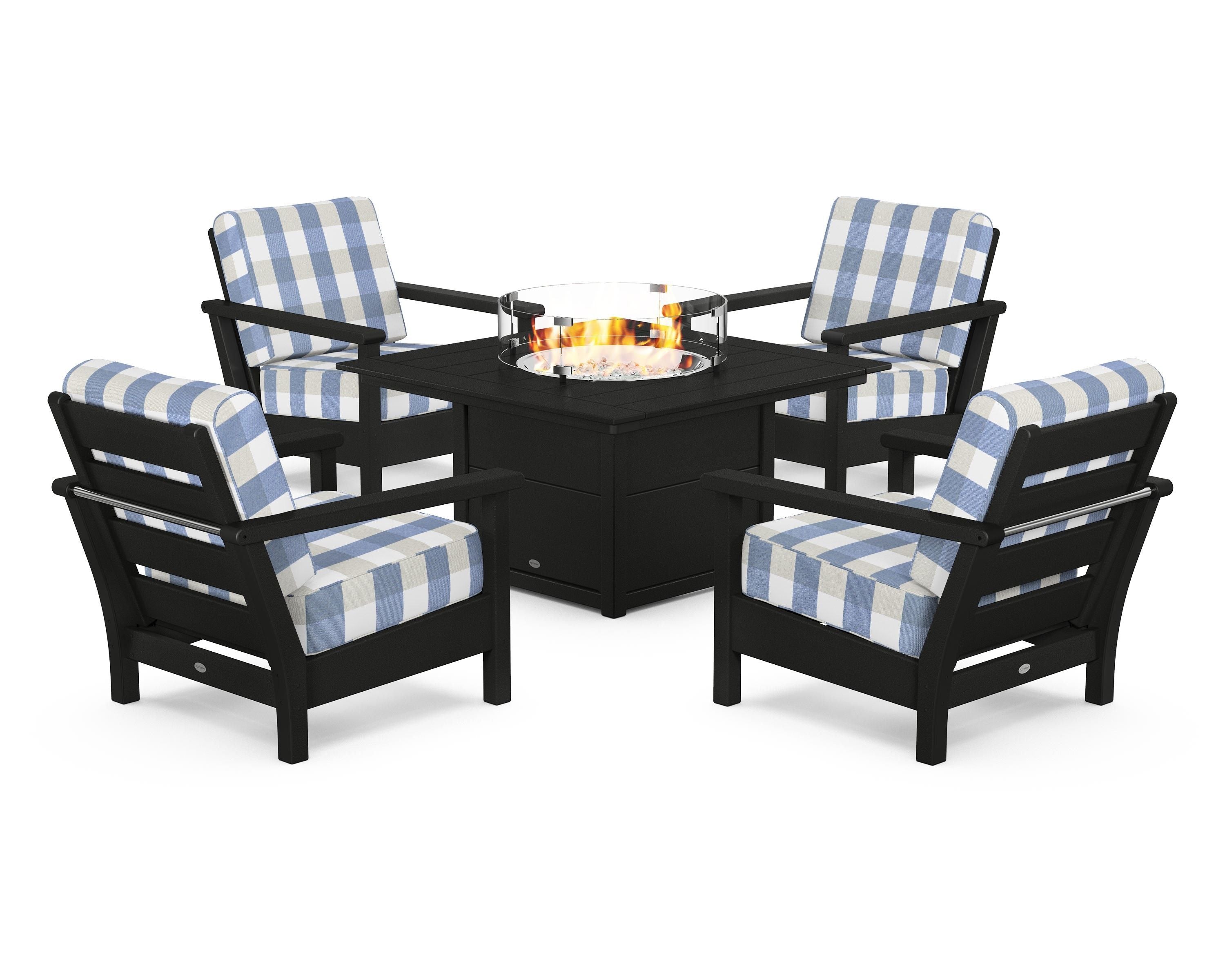 POLYWOOD® Harbour 5-Piece Conversation Set with Fire Pit Table in Black / Buffalo Plaid Sky Blue