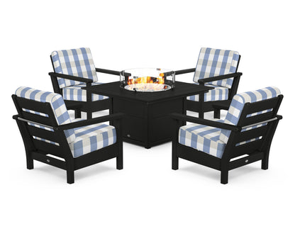 POLYWOOD® Harbour 5-Piece Conversation Set with Fire Pit Table in Black / Buffalo Plaid Sky Blue