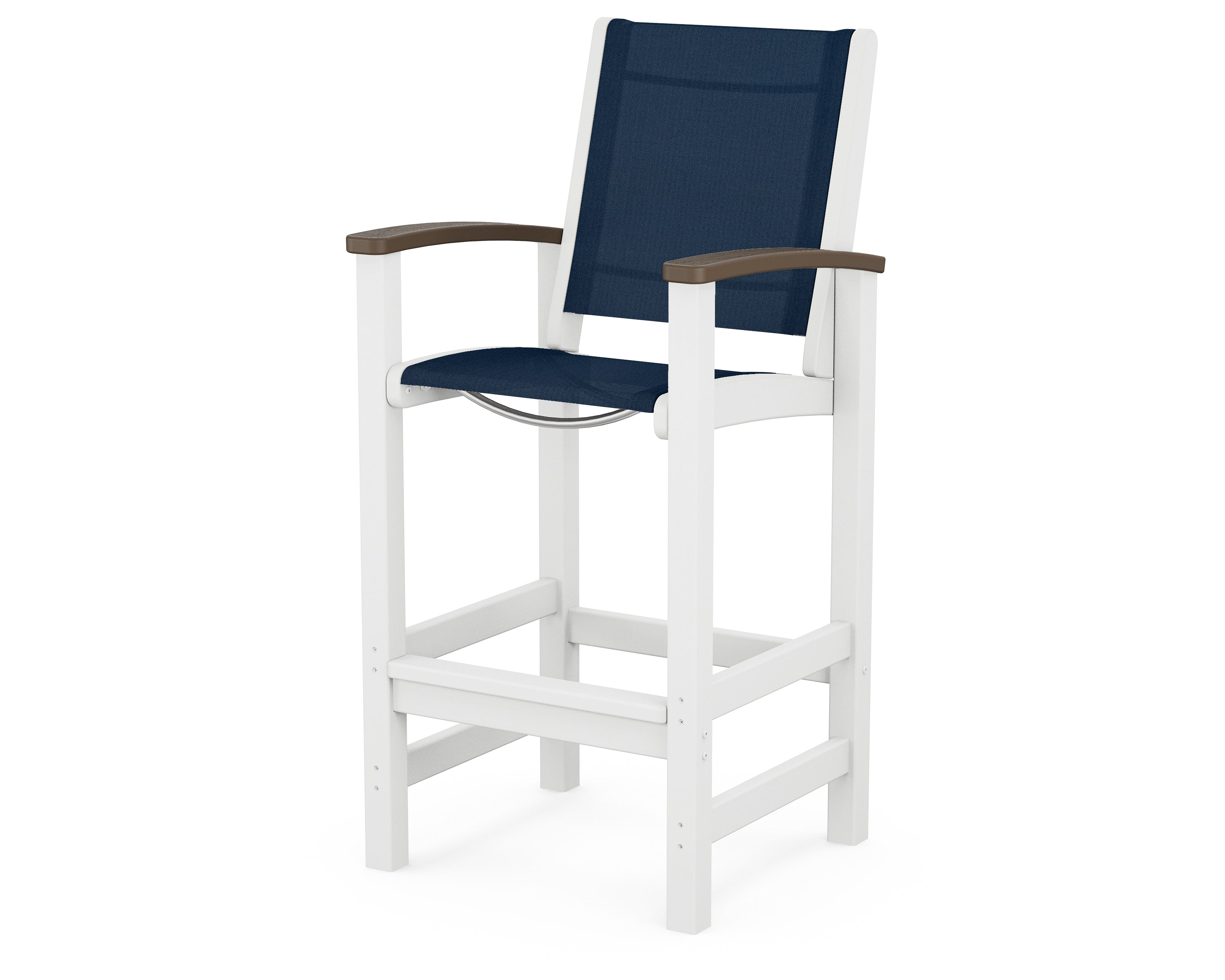 POLYWOOD® Coastal Bar Chair in White / Kona / Navy Blue Sling
