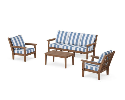 POLYWOOD® Chippendale 4-Piece Deep Seating Set with Sofa in Teak / Cabana Stripe Sky Blue