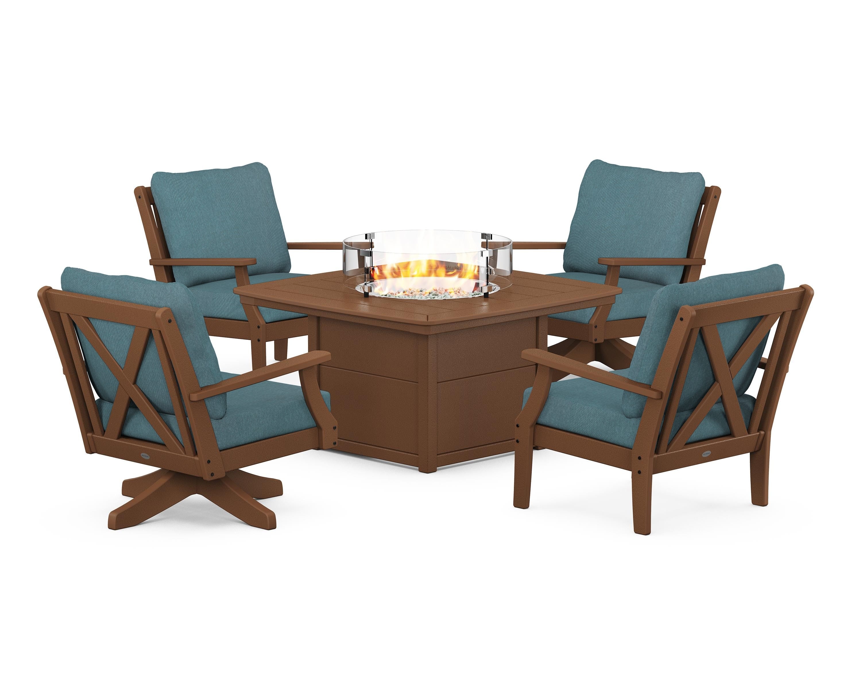 POLYWOOD® Braxton 5-Piece Deep Seating Set with Fire Table in Teak / Ocean Teal