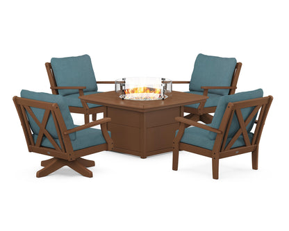 POLYWOOD® Braxton 5-Piece Deep Seating Set with Fire Table in Teak / Ocean Teal