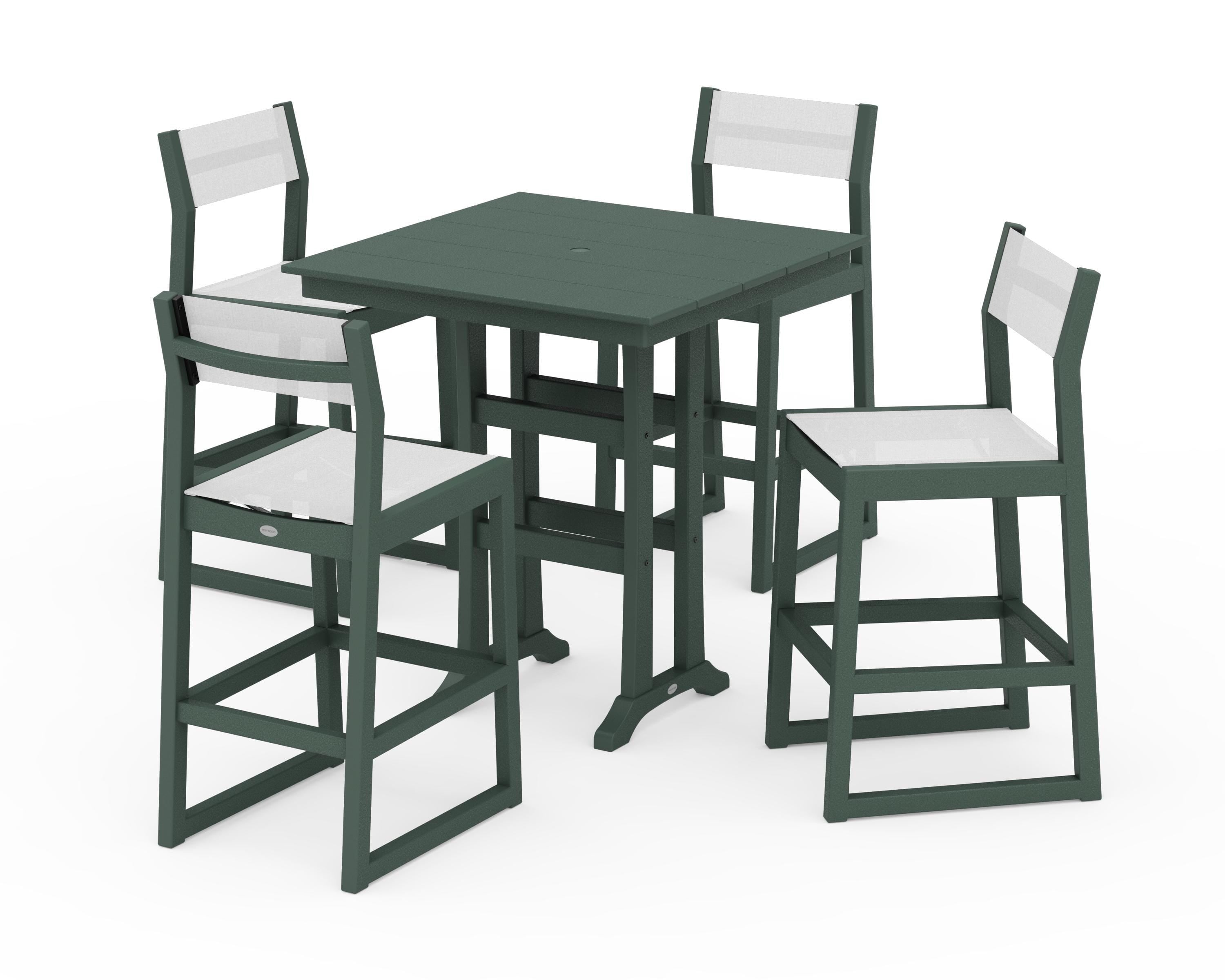 POLYWOOD® EDGE Sling Arm Chair 5-Piece Farmhouse Bar Set with Trestle Legs in Green / White Sling