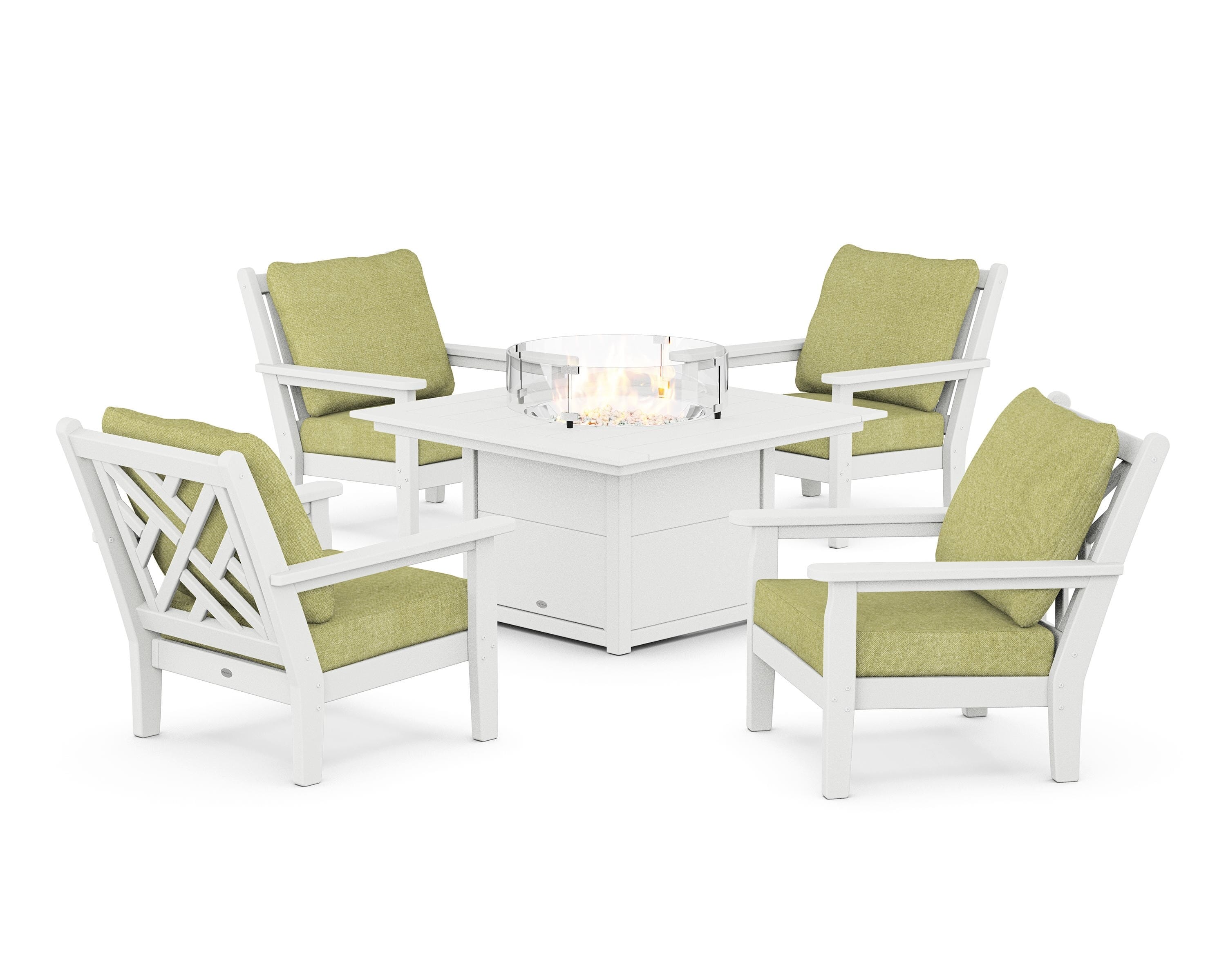 POLYWOOD® Chippendale 5-Piece Deep Seating Set with Fire Pit Table in White / Chartreuse Boucle