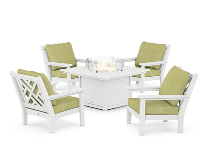 POLYWOOD® Chippendale 5-Piece Deep Seating Set with Fire Pit Table in White / Chartreuse Boucle
