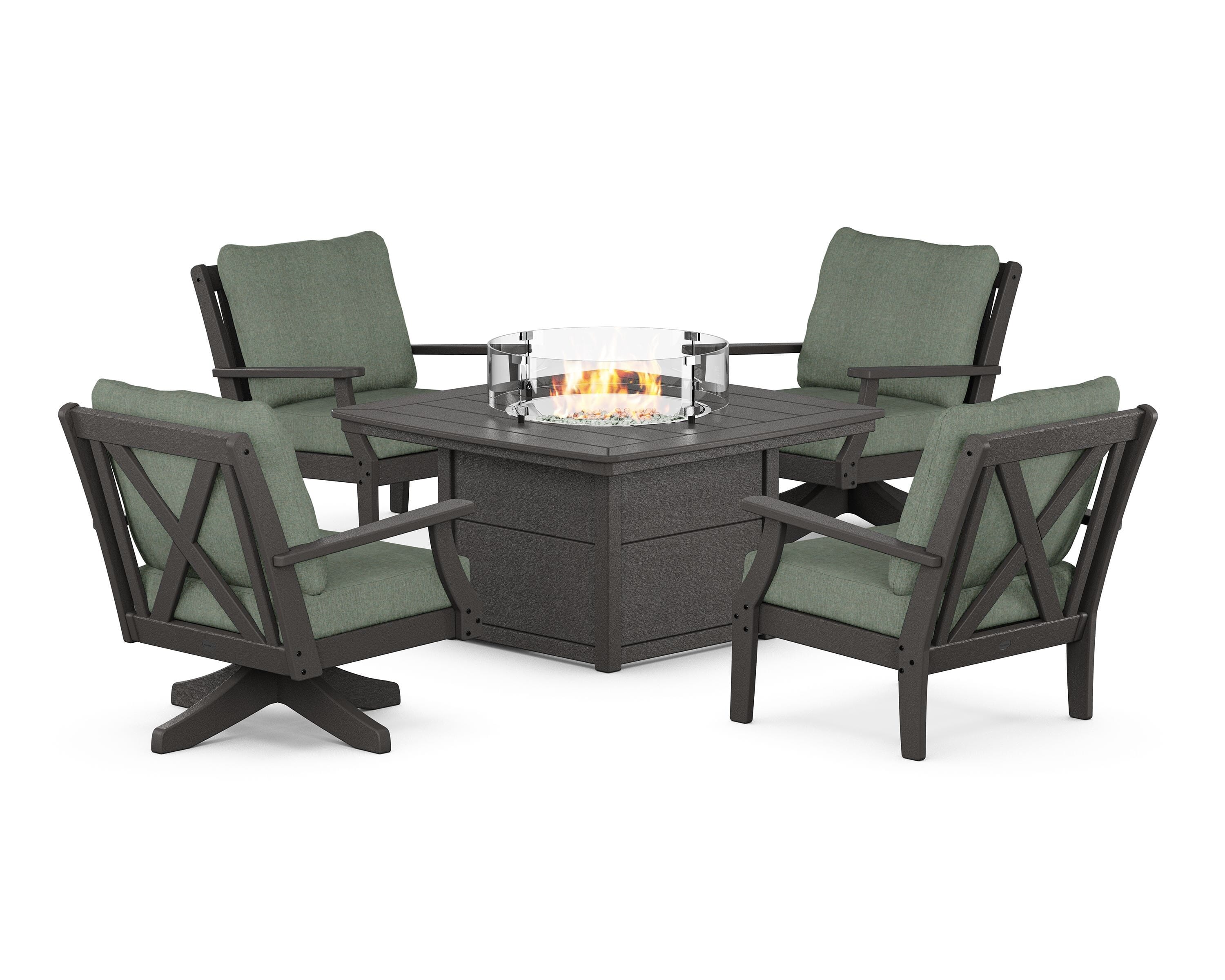 POLYWOOD® Braxton 5-Piece Deep Seating Set with Fire Table in Vintage Coffee / Cast Sage