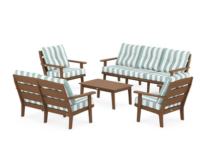 POLYWOOD® Lakeside 5-Piece Lounge Sofa Set in Teak / Cabana Stripe Glacier Spa