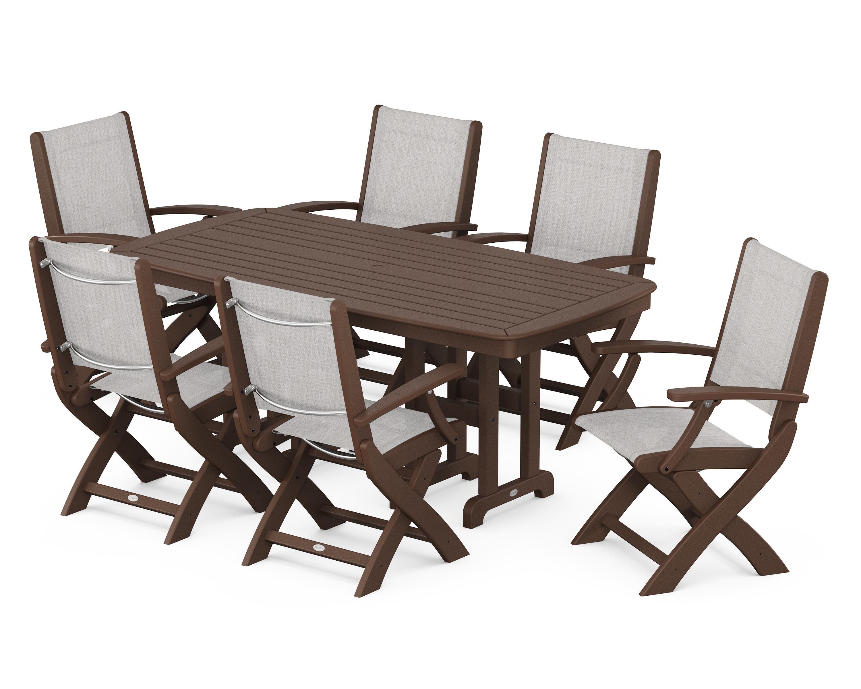 POLYWOOD® Coastal Folding Arm Chair 7-Piece Dining Set in Mahogany / Parchment Sling
