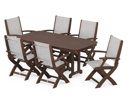 POLYWOOD® Coastal Folding Arm Chair 7-Piece Dining Set in Mahogany / Parchment Sling