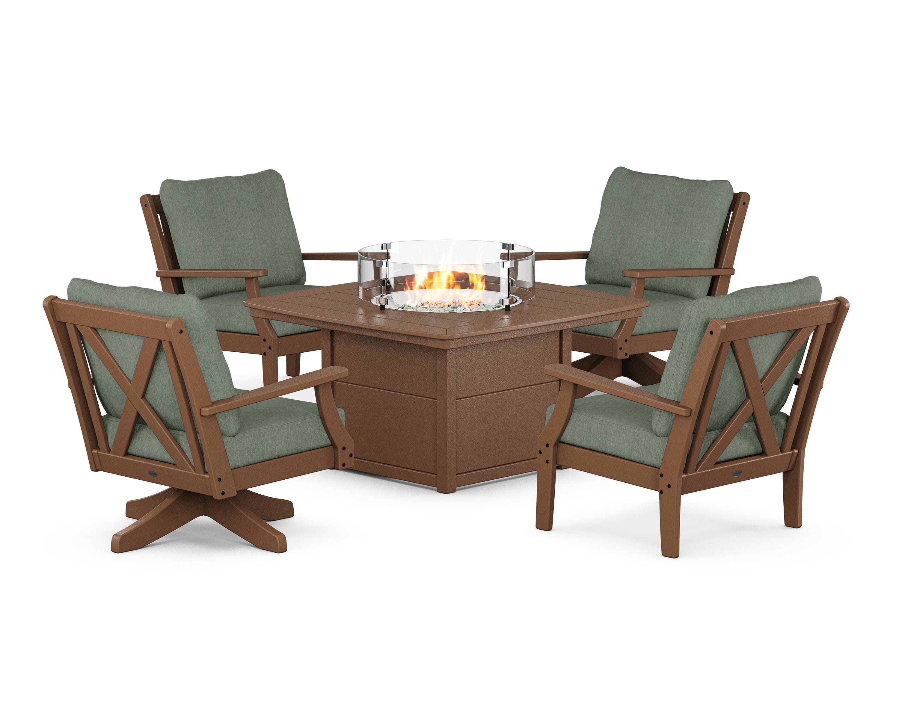 POLYWOOD® Braxton 5-Piece Deep Seating Set with Fire Table in Teak / Cast Sage