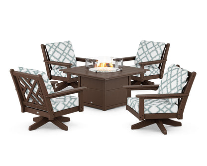 POLYWOOD® Chippendale 5-Piece Deep Seating Swivel Conversation Set with Fire Pit Table in Mahogany / Trellis Glacier Spa