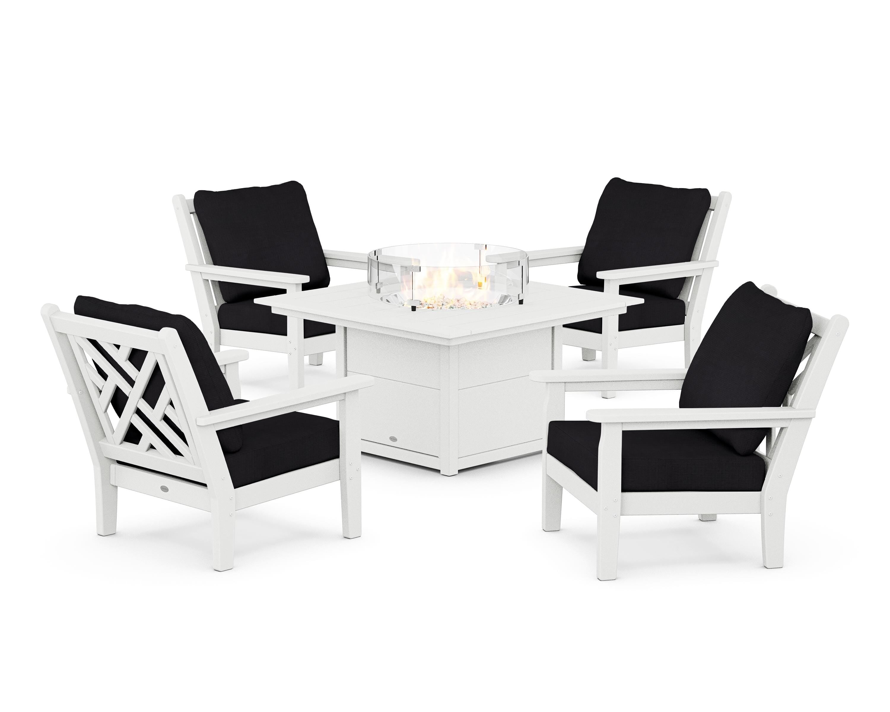 POLYWOOD® Chippendale 5-Piece Deep Seating Set with Fire Pit Table in White / Midnight Linen