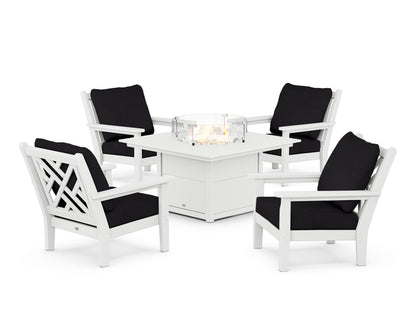 POLYWOOD® Chippendale 5-Piece Deep Seating Set with Fire Pit Table in White / Midnight Linen