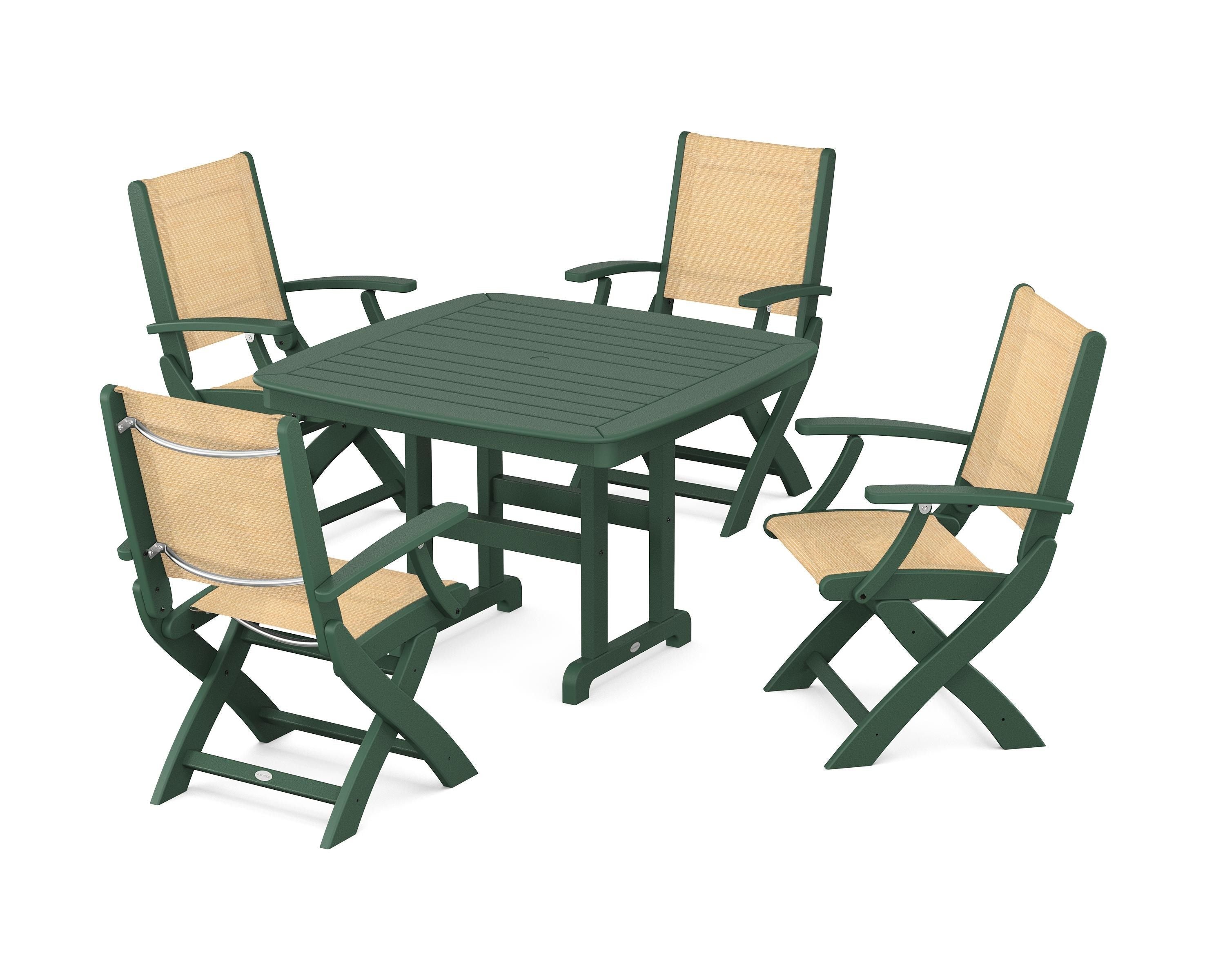 POLYWOOD® Coastal Folding Chair 5-Piece Dining Set in Green / Dupioni Apricot Sling