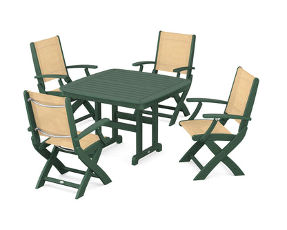 POLYWOOD® Coastal Folding Chair 5-Piece Dining Set in Green / Dupioni Apricot Sling