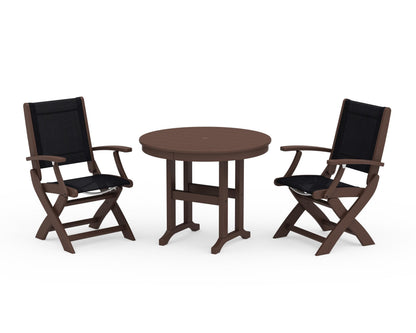 POLYWOOD® Coastal Folding Chair 3-Piece Round Dining Set in Mahogany / Black Sling