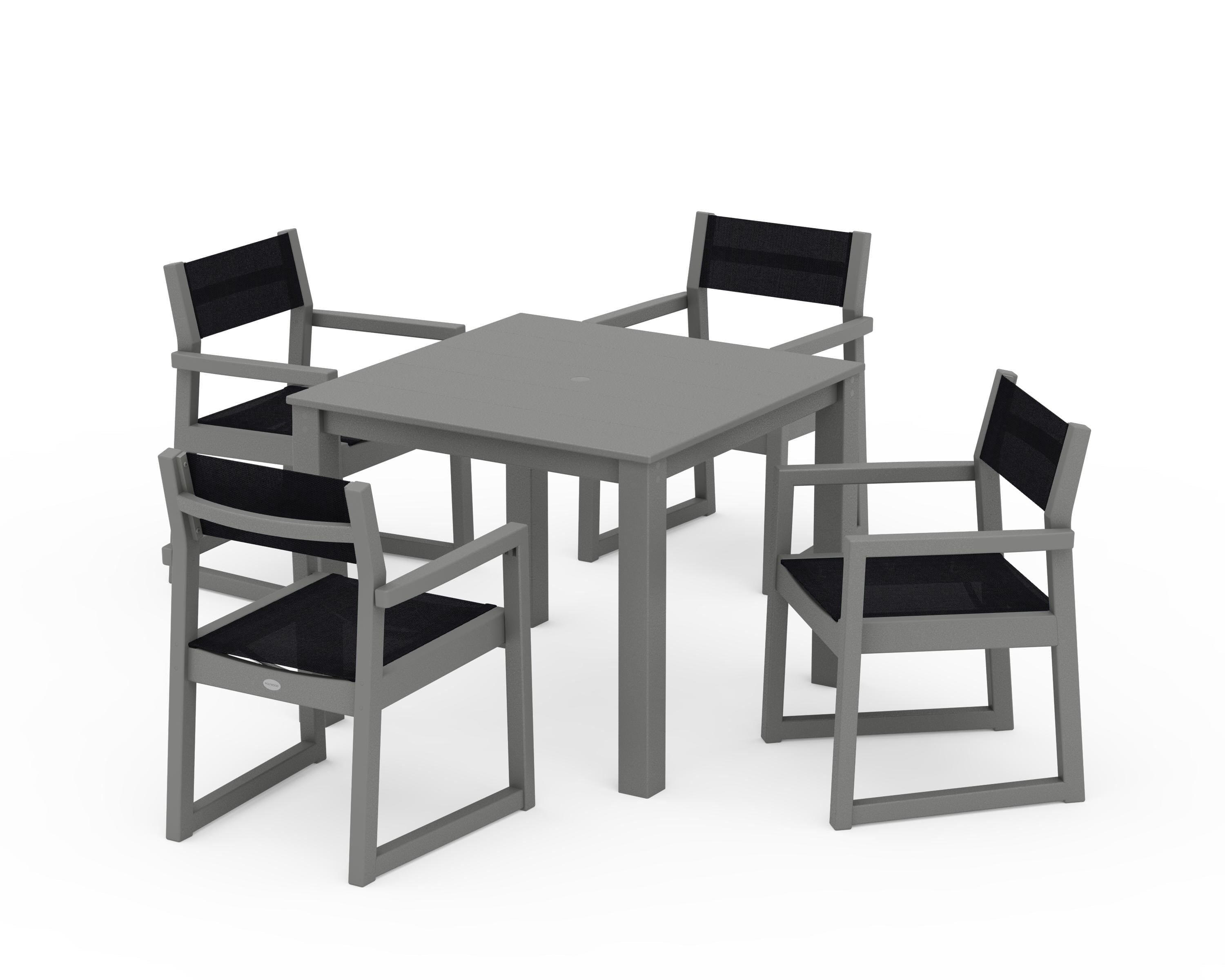 POLYWOOD® EDGE Sling Arm Chair 5-Piece Parsons Dining Set in Slate Grey / Black Sling
