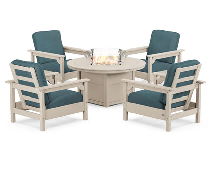 POLYWOOD® Club 5-Piece Conversation Set with Fire Pit Table in Sand / Ocean Teal