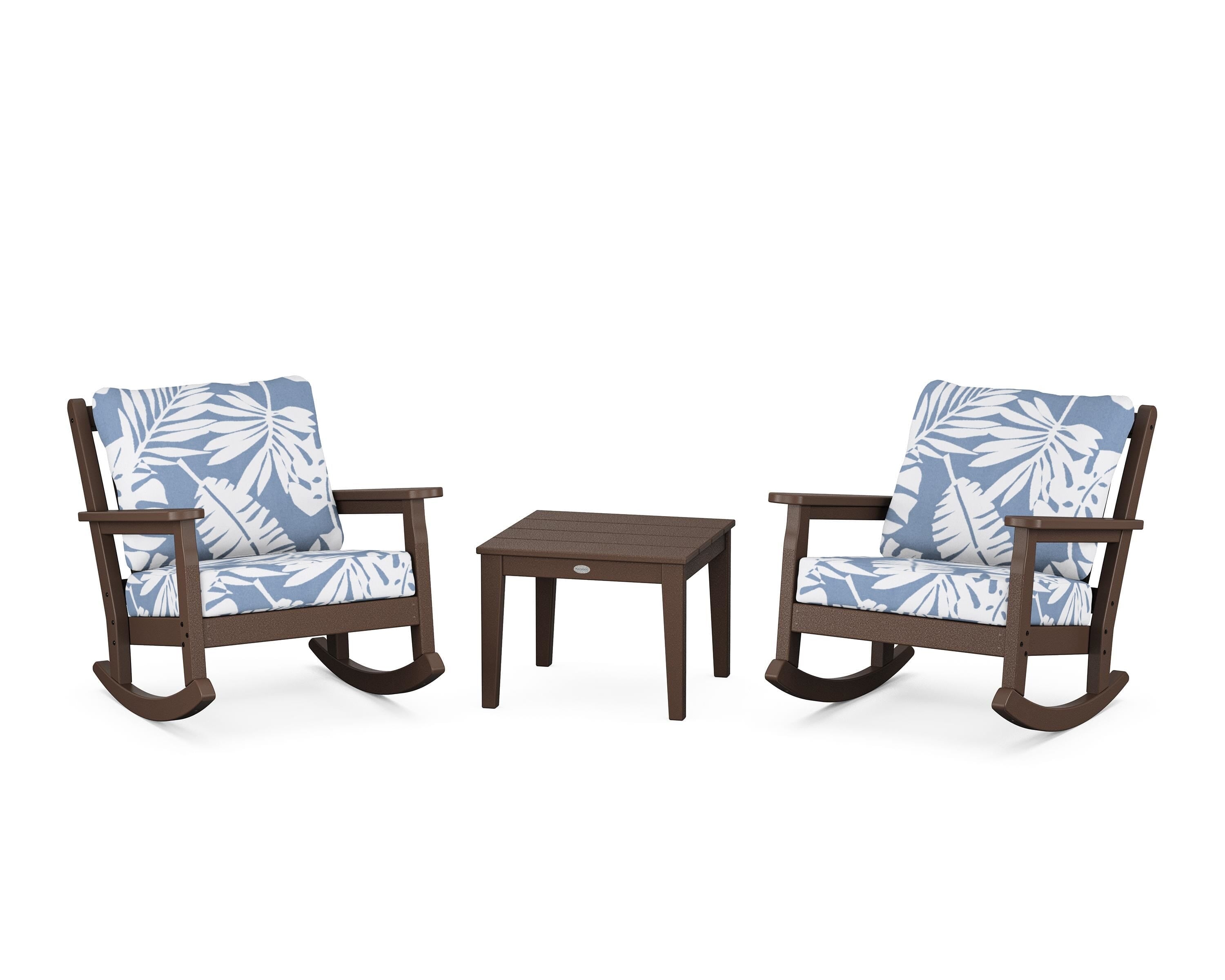 POLYWOOD® Chippendale 3-Piece Deep Seating Rocker Set in Mahogany / Leaf Sky Blue