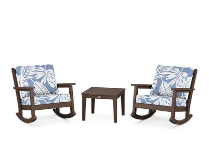 POLYWOOD® Chippendale 3-Piece Deep Seating Rocker Set in Mahogany / Leaf Sky Blue