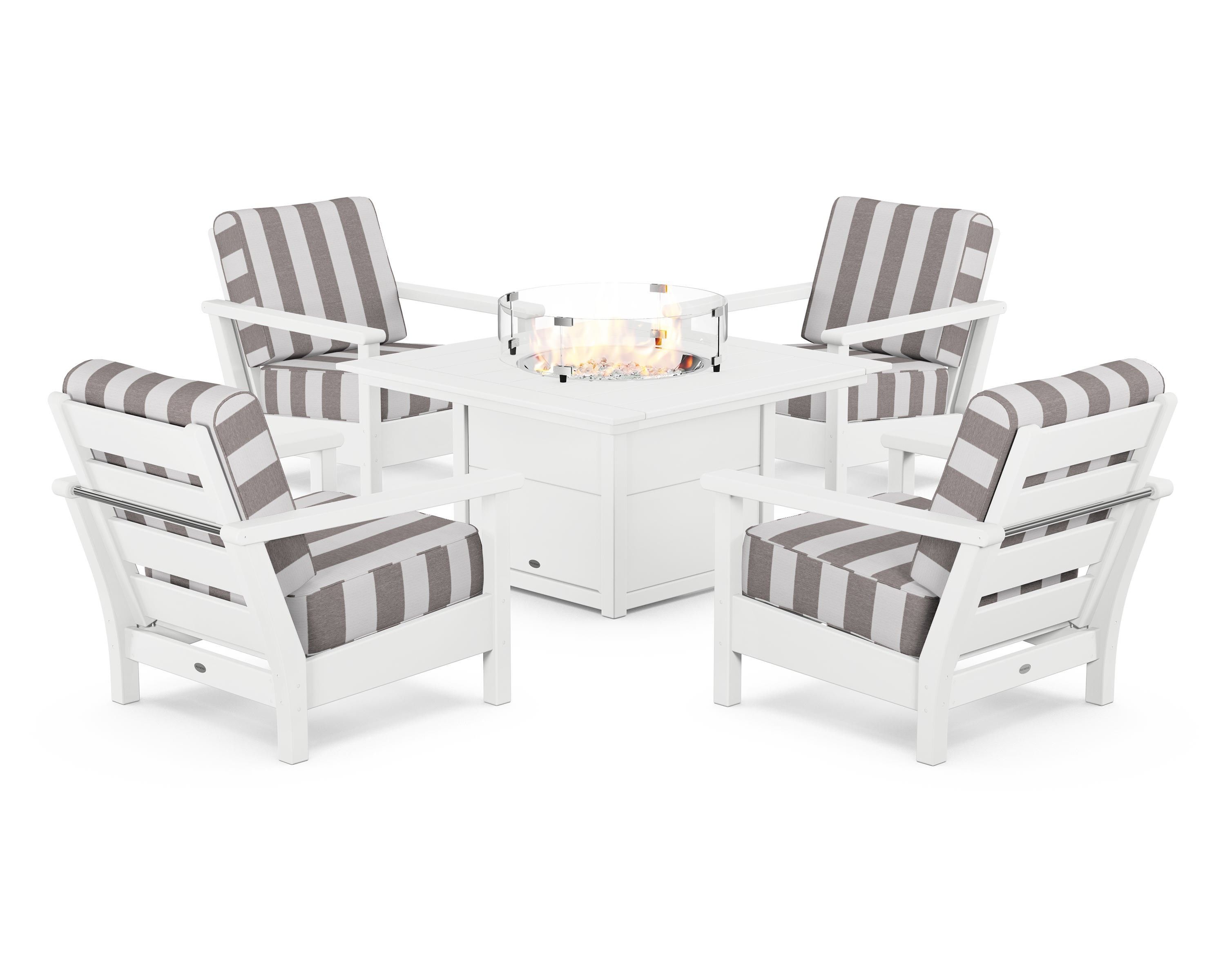 POLYWOOD® Harbour 5-Piece Conversation Set with Fire Pit Table in White / Cabana Stripe Grey Mist