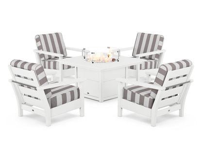 POLYWOOD® Harbour 5-Piece Conversation Set with Fire Pit Table in White / Cabana Stripe Grey Mist