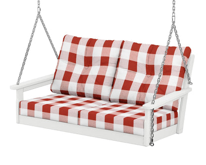 POLYWOOD® Vineyard Deep Seating Swing in White / Buffalo Plaid Crimson