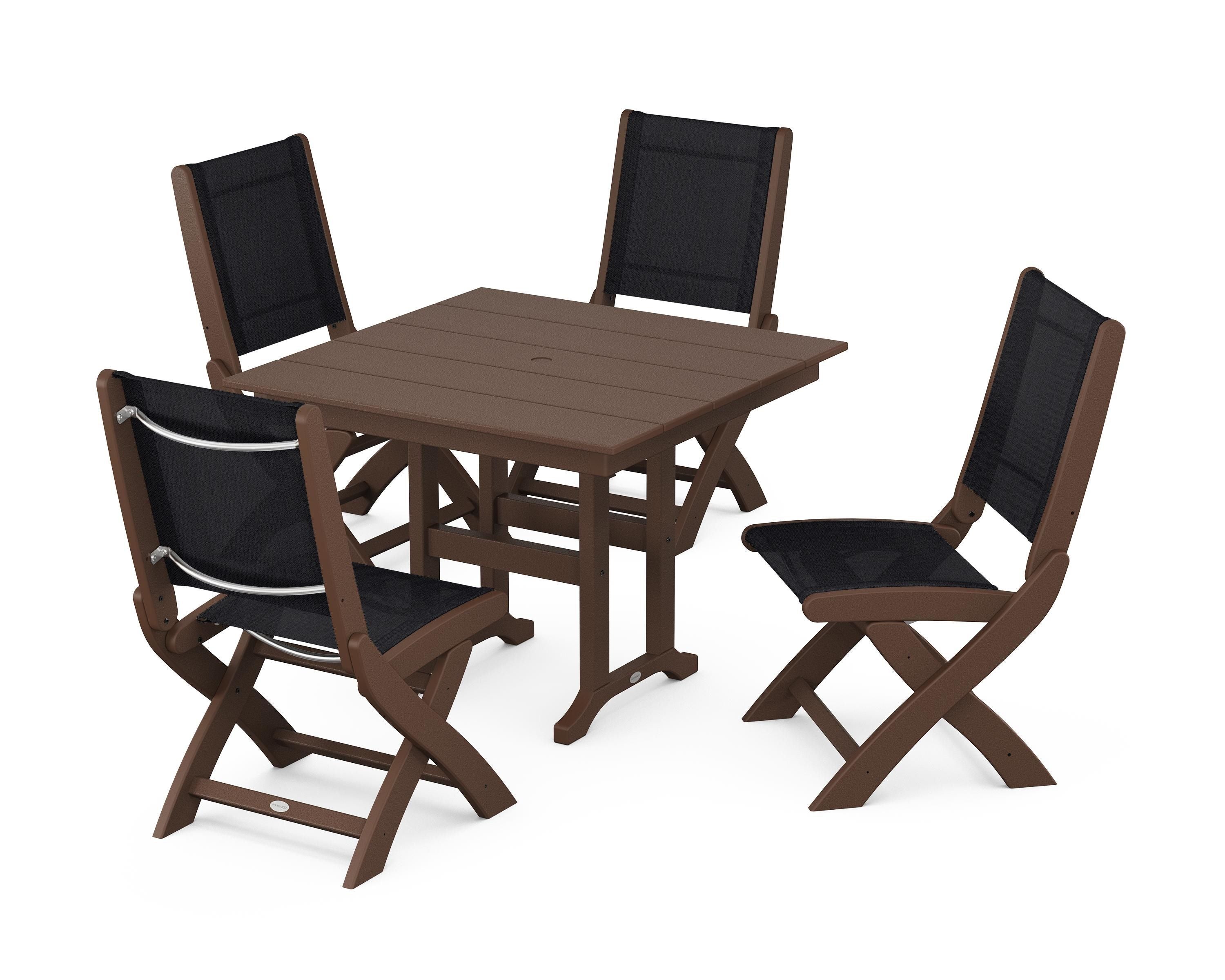 POLYWOOD® Coastal Folding Side Chair 5-Piece Farmhouse Dining Set in Mahogany / Black Sling