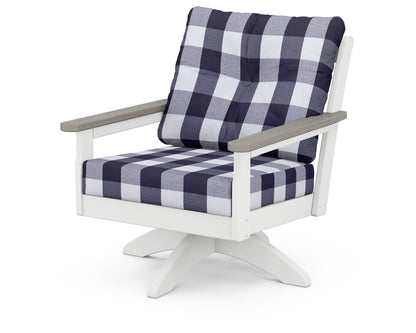 POLYWOOD® Vineyard Deep Seating Swivel Chair in White / Driftwood / Buffalo Plaid Navy