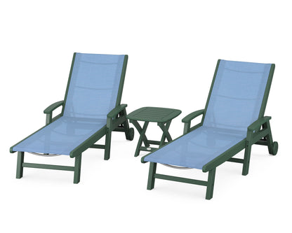 POLYWOOD® Coastal 3-Piece Wheeled Chaise Set in Green / Poolside Sling
