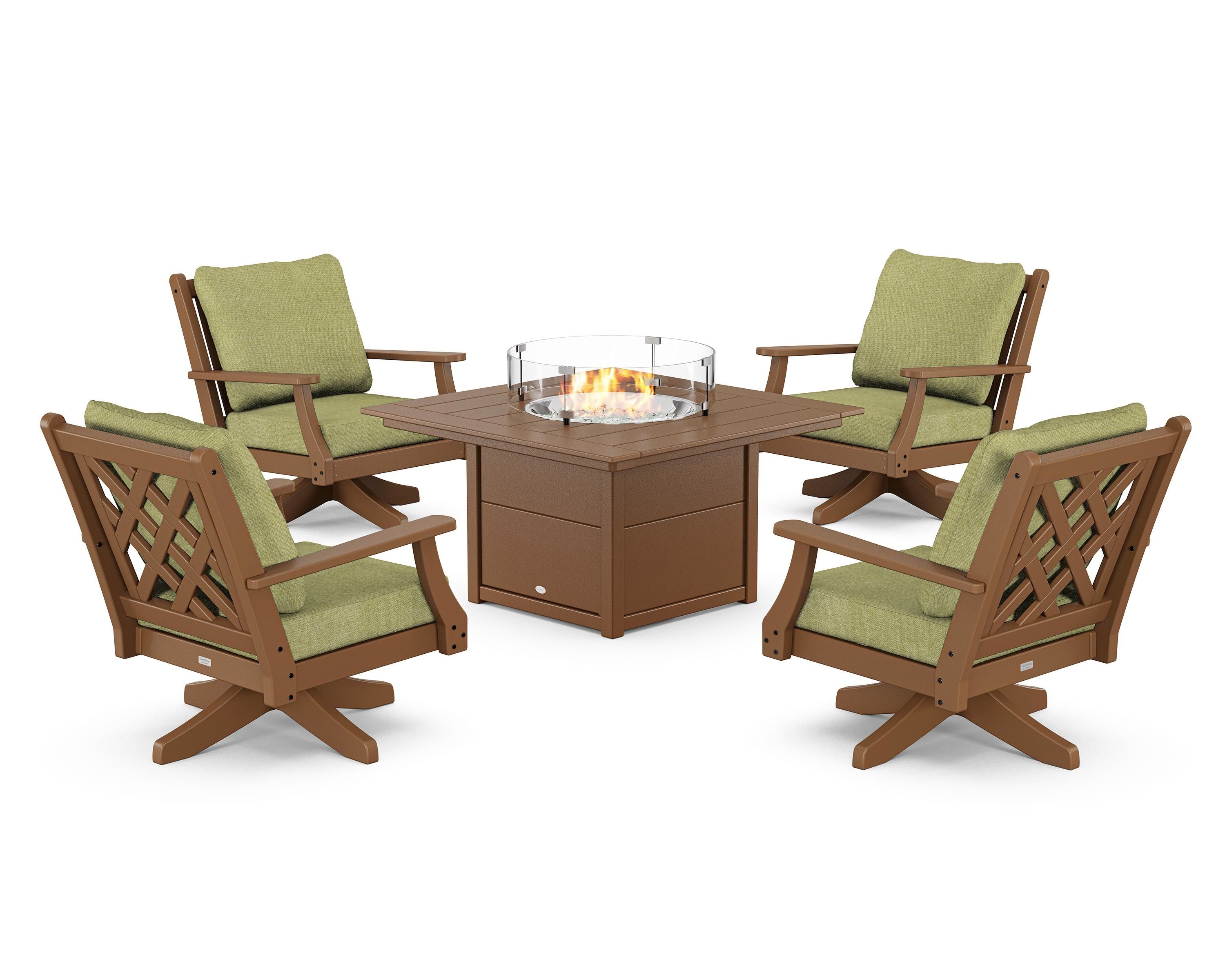 Country Living Wovendale 5-Piece Deep Seating Swivel Conversation Set with Fire Pit Table in Teak / Chartreuse Boucle