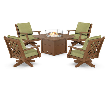 Country Living Wovendale 5-Piece Deep Seating Swivel Conversation Set with Fire Pit Table in Teak / Chartreuse Boucle
