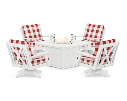 POLYWOOD® Braxton 5-Piece Deep Seating Swivel Conversation Set with Fire Pit Table in White / Buffalo Plaid Crimson