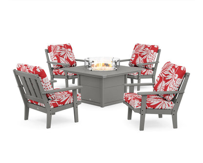 POLYWOOD® Oxford 5-Piece Deep Seating Set with Fire Pit Table in Slate Grey / Leaf Crimson