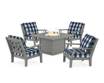 Martha Stewart by POLYWOOD® Chinoiserie 5-Piece Deep Seating Set with Fire Pit Table in Slate Grey / Buffalo Plaid Marine Indigo