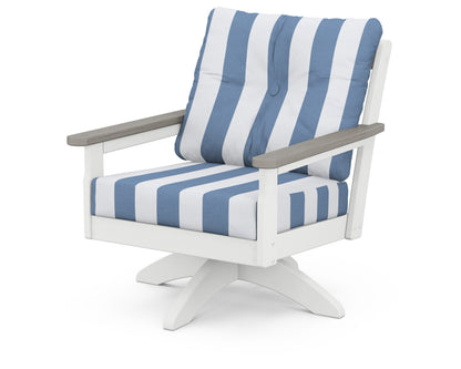 POLYWOOD® Vineyard Deep Seating Swivel Chair in White / Driftwood / Cabana Stripe Sky Blue