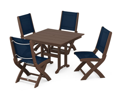 POLYWOOD® Coastal Folding Side Chair 5-Piece Farmhouse Dining Set in Mahogany / Navy Blue Sling