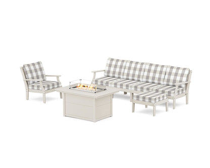 POLYWOOD® Braxton Sectional Lounge and Fire Pit Set in Sand / Buffalo Plaid Grey Mist
