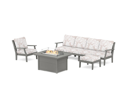 POLYWOOD® Braxton Sectional Lounge and Fire Pit Set in Slate Grey / Leaf Dune Burlap