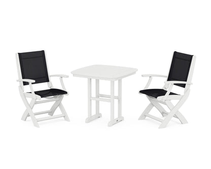 POLYWOOD® Coastal Folding Chair 3-Piece Dining Set in White / Black Sling