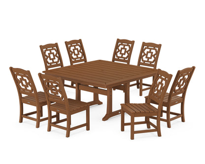 Martha Stewart by POLYWOOD® Chinoiserie 9-Piece Square Side Chair Dining Set with Trestle Legs in Teak