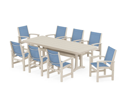 POLYWOOD® Coastal 9-Piece Farmhouse Dining Set with Trestle Legs in Sand / Poolside Sling