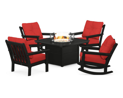 POLYWOOD® Vineyard 5-Piece Deep Seating Rocking Chair Conversation Set with Fire Pit Table in Black / Crimson Linen