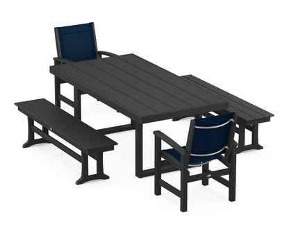POLYWOOD® Coastal 5-Piece Dining Set with Trestle Legs in Black / Navy Blue Sling
