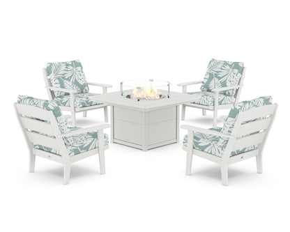 POLYWOOD® Lakeside 5-Piece Deep Seating Set with Nautical Fire Pit Table in White / Leaf Glacier Spa